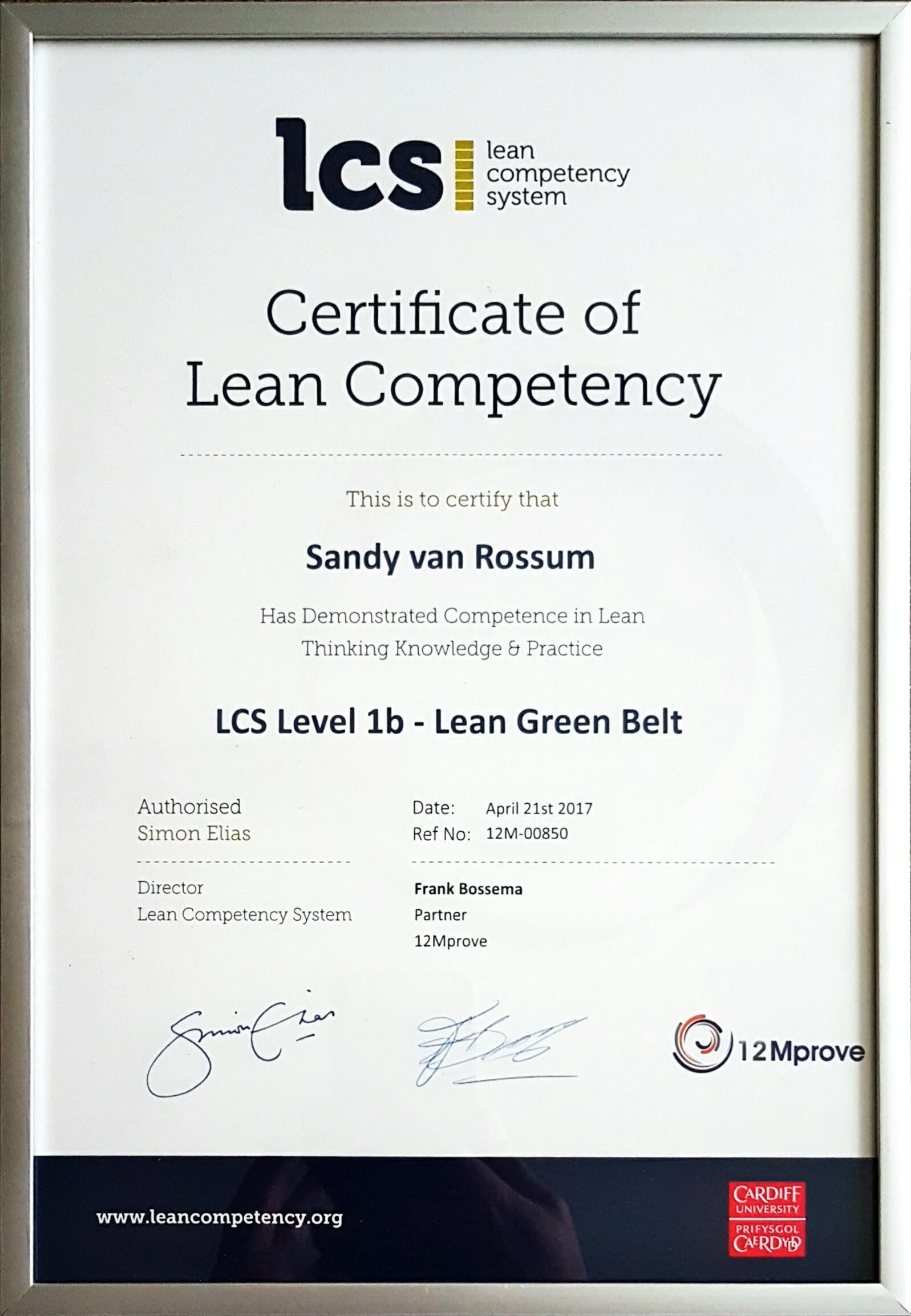 Sandy van Rossum LCS Level 1b Lean Green Belt